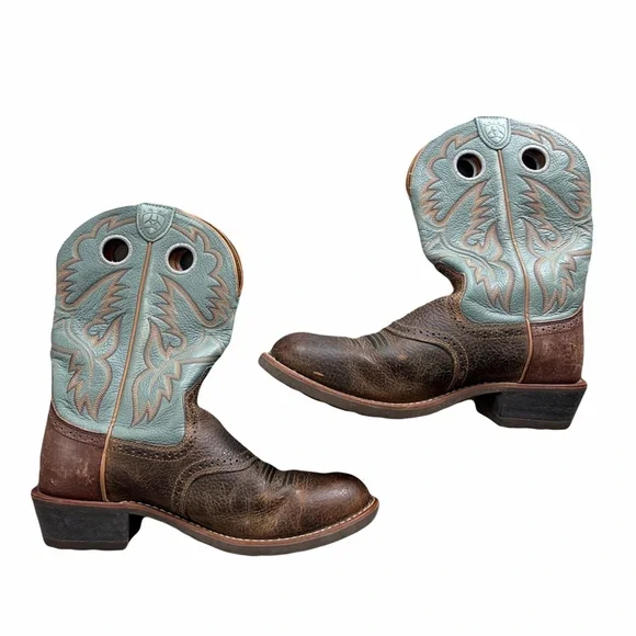 Ariat Brown and Blue Western Cowboy Boots - Picture 2 of 4